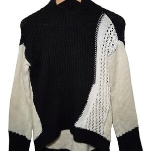 ONE A‎ Chunky Knit Colorblock Sweater Black Cream Mock Neck Pullover Size M